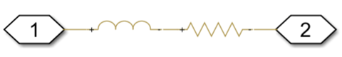 Equivalent circuit to the Small Cylindrical Orifice or Tube block as a Simscape model.