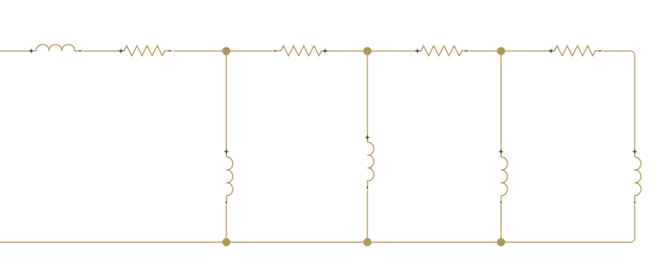 Equivalent circuit to the series impedance subnetwork of the Thin Rectangular Tube With Thermoviscous Losses block as a Simscape model. This subnetwork has an order of 4.
