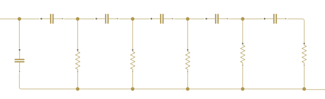 Equivalent circuit to the shunt impedance subnetwork of the Thin Rectangular Tube With Thermoviscous Losses block as a Simscape model. This subnetwork has an order of 5.