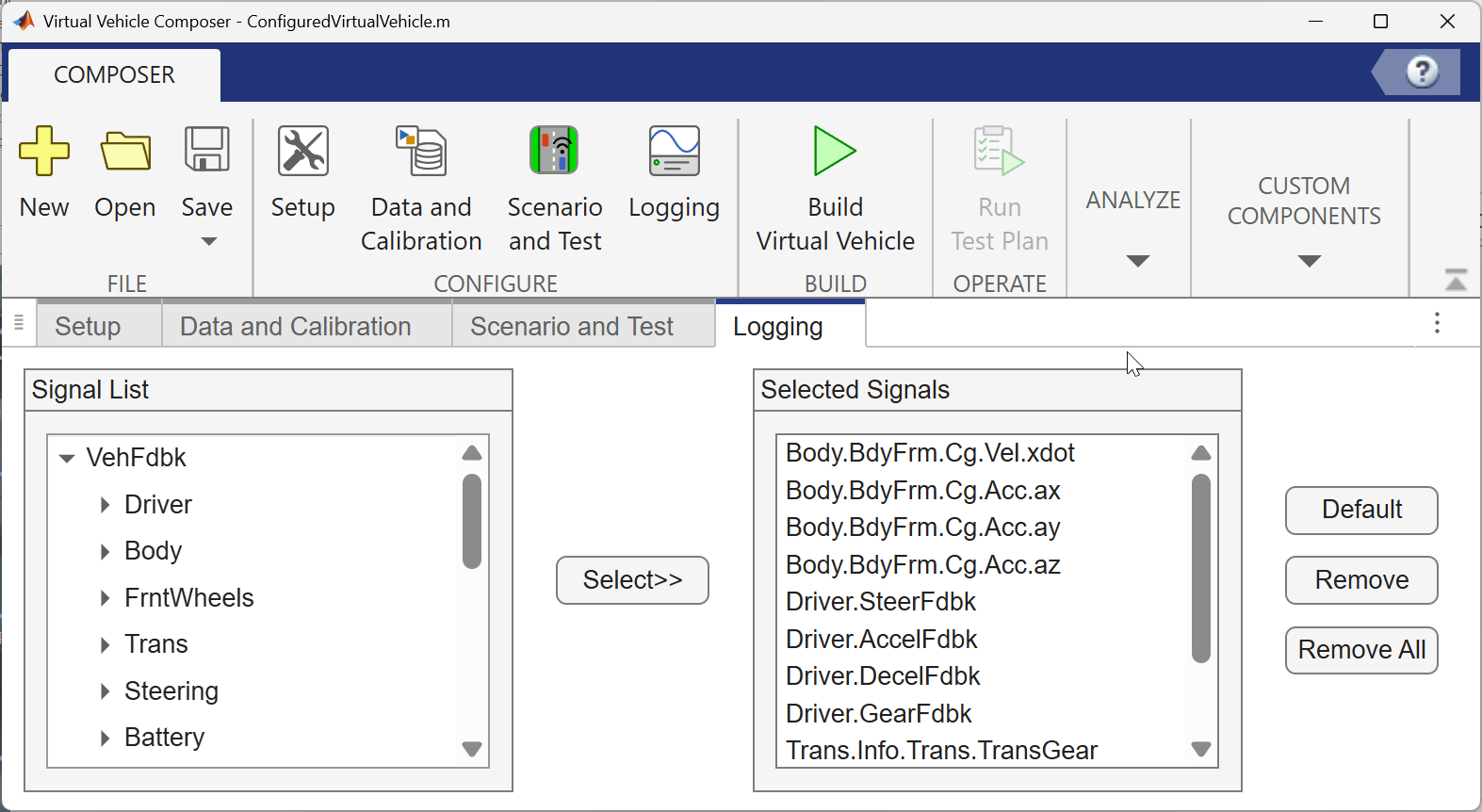 Virtual Vehicle Composer Passenger vehicle Logging pane.