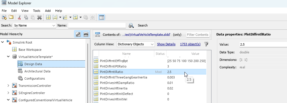 Model explorer with data dictionary parameter PlntDiffrntlRatio set to 2.5.