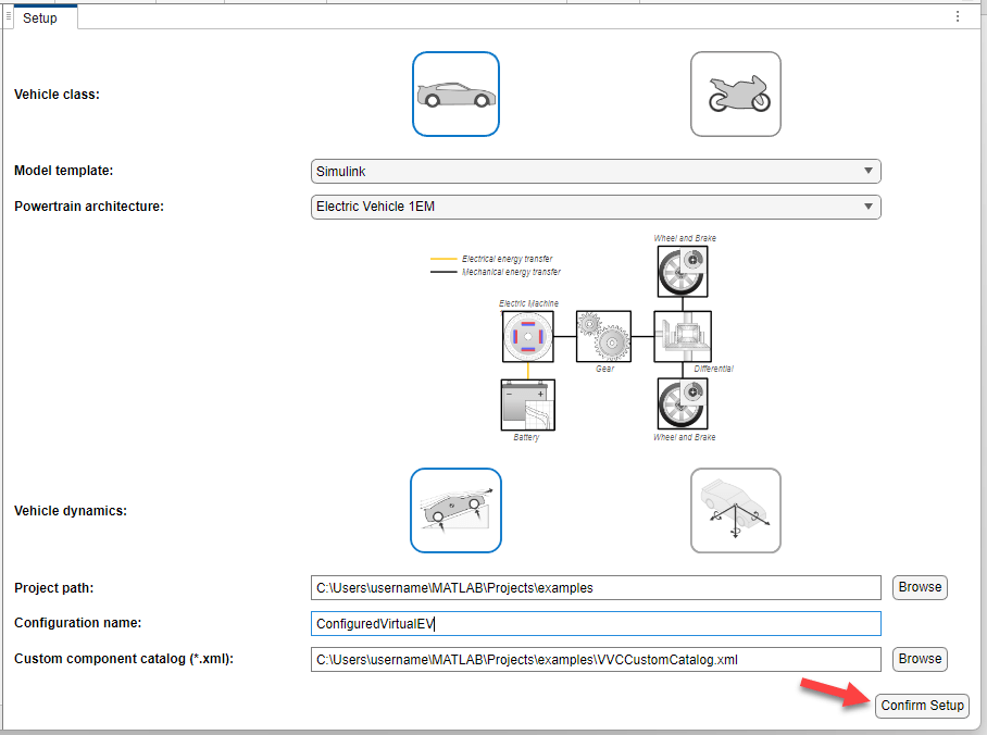 Virtual Vehicle Composer app Setup pane