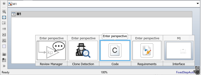 Perspective view open with the Code perspective highlighted.