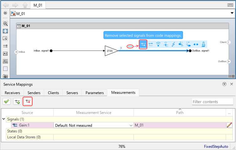 Model with signal selected. The signal is marked as configured for code, and appears in the Measurements tab of the Service Mappings editor under the Signals parent entry. The remove signal buttons are highlighted.