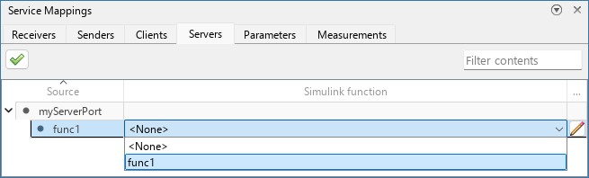 Service Mappings editor displaying myServerPort and its child function func1. The Simulink function func1 is selected in the Simulink function drop-down list.