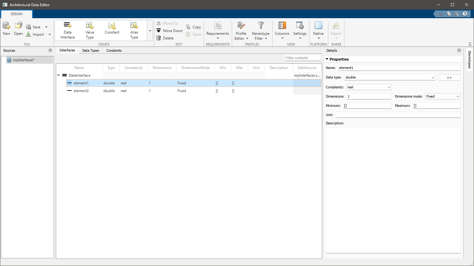 Architectural Data Editor window, displays the Interfaces tab. The data interface and its two data elements are visible in the main contents pane.