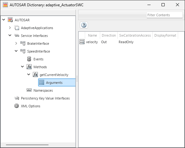 AUTOSAR Dictionary, Service Interfaces node is expanded. Service Interface SpeedInterface is expanded.