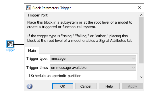 View of the Block Parameters for the Message Triggered Subsystem Trigger Port block.