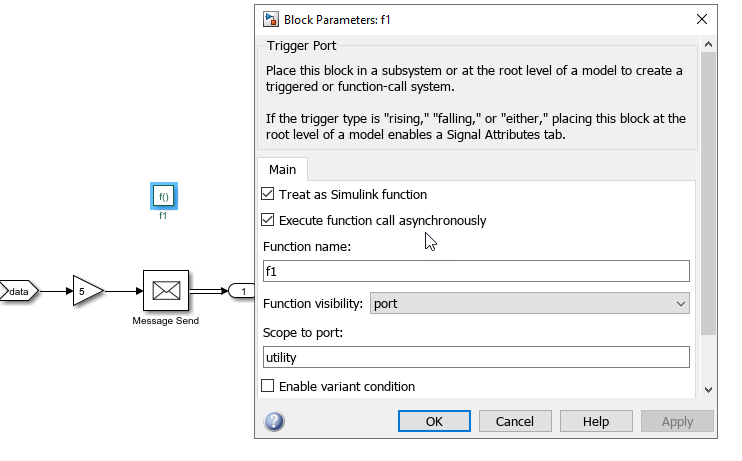 View of the Trigger Port of an AUTOSAR Adaptive Server with the option "Execute function call asynchronously" selected