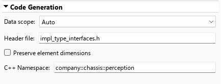 Architectural Data Editor. PortInterfaces data dictionary is open showing Code Generation settings with the C++ Namespace and Header file properties set. .