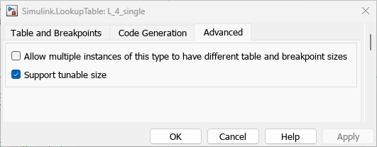 Advanced tab of Properties dialog box for Simulink.LookupTable object, L_4_single. Support tunable size is selected.