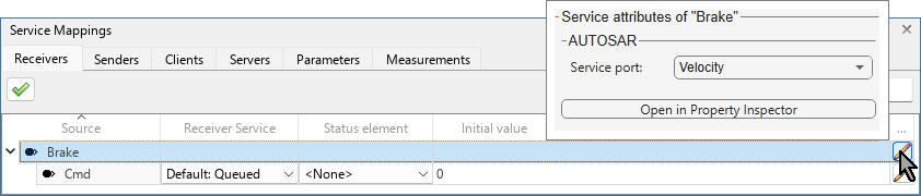 Service Mappings editor with the Receivers tab selected. Parent port Brake is selected. The dialog box for additional properties is open. The selected value of the Service port is Velocity.