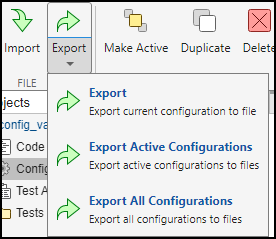 Menu showing options to export the current configuration to a file, to export active configurations to files, and to export all configurations to files