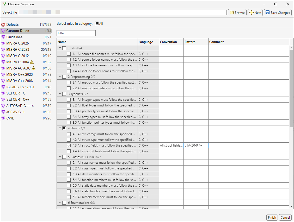 Example Checkers Selection dialog box showing custom rules selected. The pattern field is not empty.