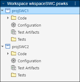 Projects pane showing two projects that have been added to a workspace. The Projects pane header changes to show the title Workspace followed by the workspace name.