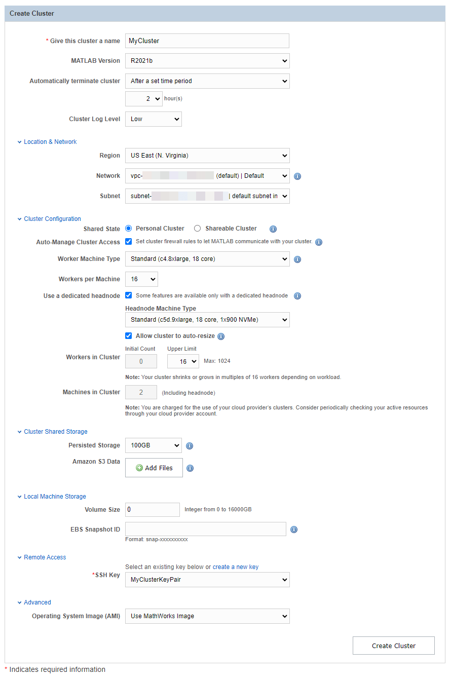 Create Cluster window with example settings for a personal cluster. Set the Shared State in the Cluster Configuration to Personal Cluster.