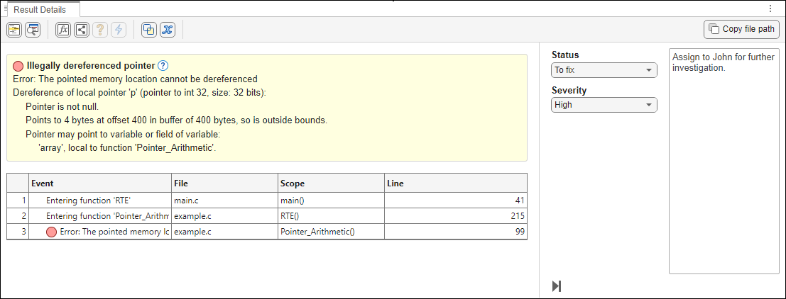 Result Details pane with review information set such as Status, Severity, and Comments.