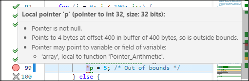 Tooltip in the Source Code pane displaying information about the pointer p.