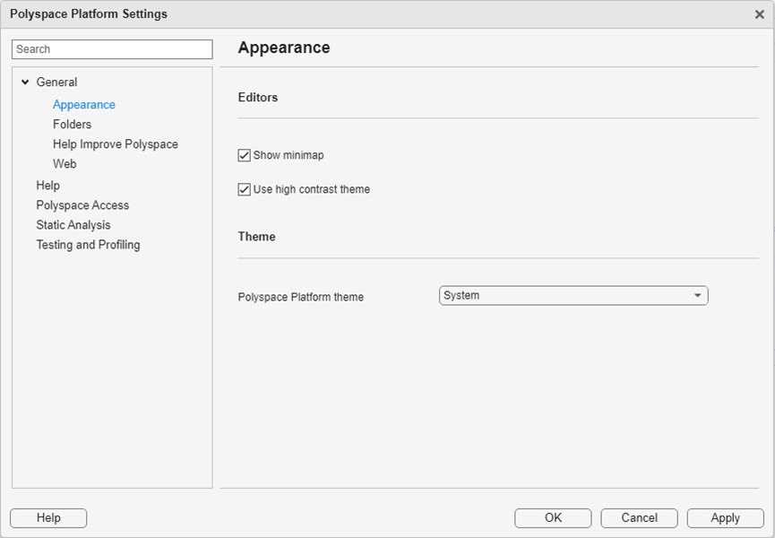 Polyspace Platform Settings Dialog