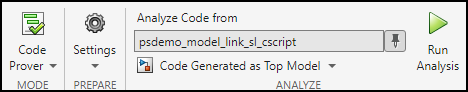 Polyspace toolstrip showing MODE as Code Prover, ANALYZE as "Code Generated as Top Model".