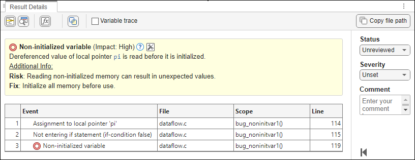 Result Details pane with a Non-initialized variable defect selected.