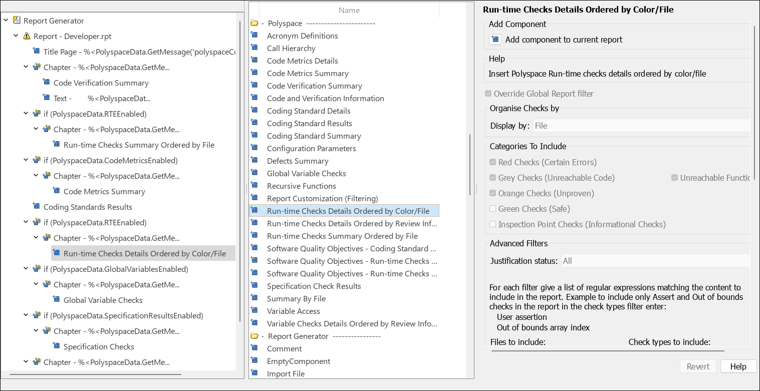 Report Explorer window showing components in the left pane and the component properties displayed in the right pane.