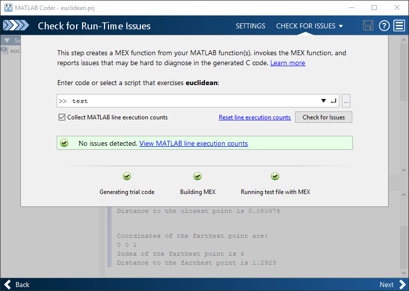 Check for Run-Time Issues page of the MATLAB Coder app