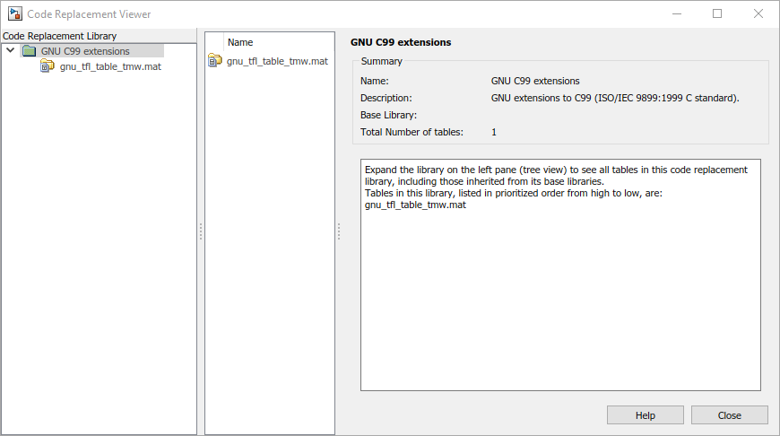 Code replacement viewer showing results for the GNU C99 extensions library.