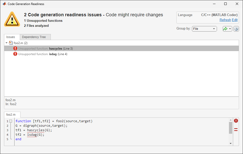 Screenshot of the code generation readiness tool with sample code and analysis results.
