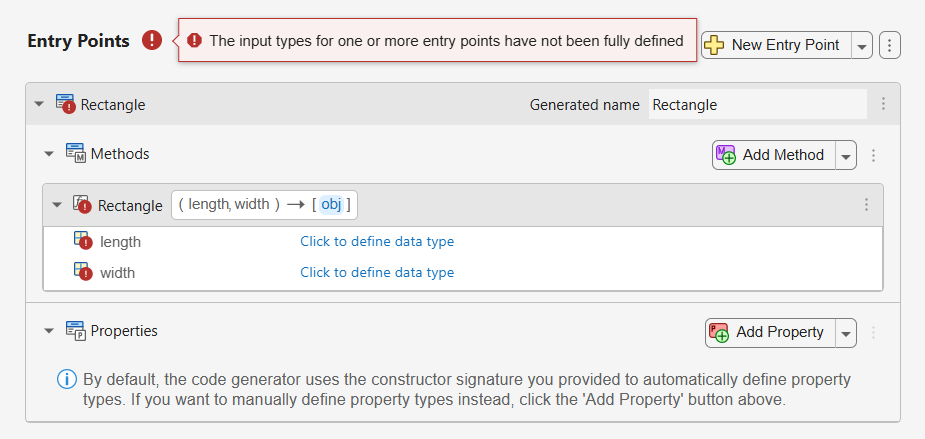 Screenshot of the Entry Points pane of the MATLAB Coder app. The Rectangle class has been added as an entry point. The Methods section is populated with the Rectangle constructor.
