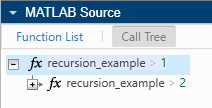 Call Tree in the code generation report, showing recursive calls to the function recursion_example