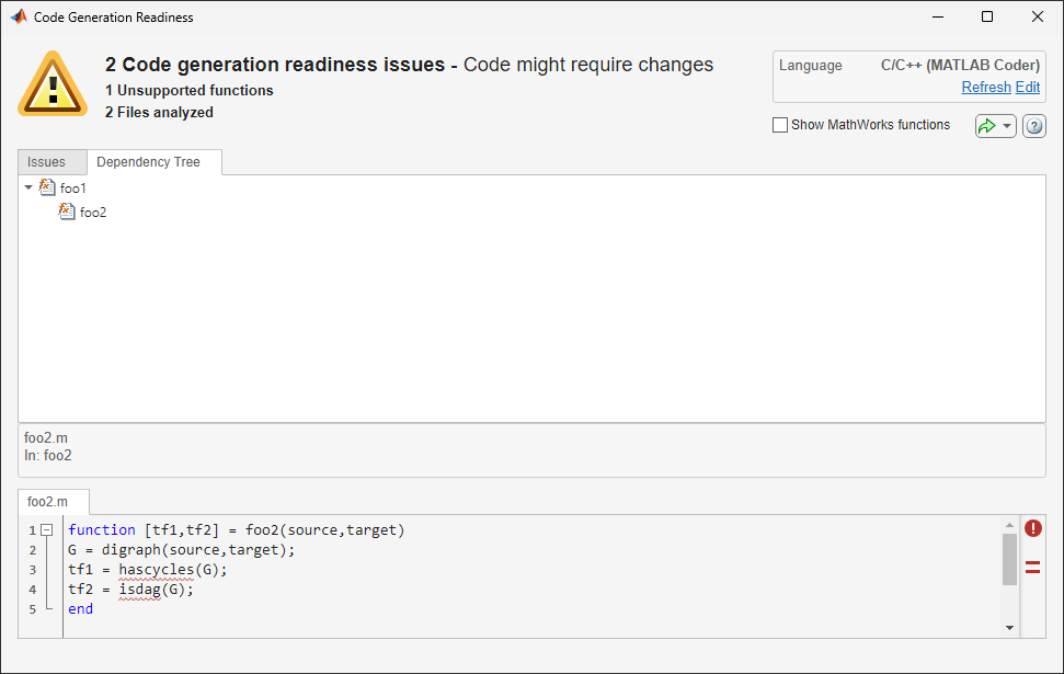 Screenshot of the code generation readiness tool showing Dependency Tree tab.