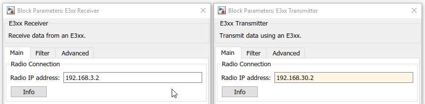 Block Parameters window for E3xx Receiver and E3xx Transmitter. The Radio IP address is in the Main tab