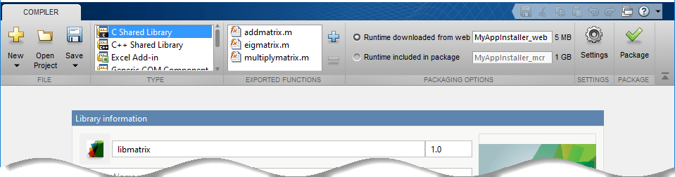 Library Compiler App with the C Shared Library type selected and addmatrix.m, eigmatrix.m, and multiplymatrix.m in the exported functions section