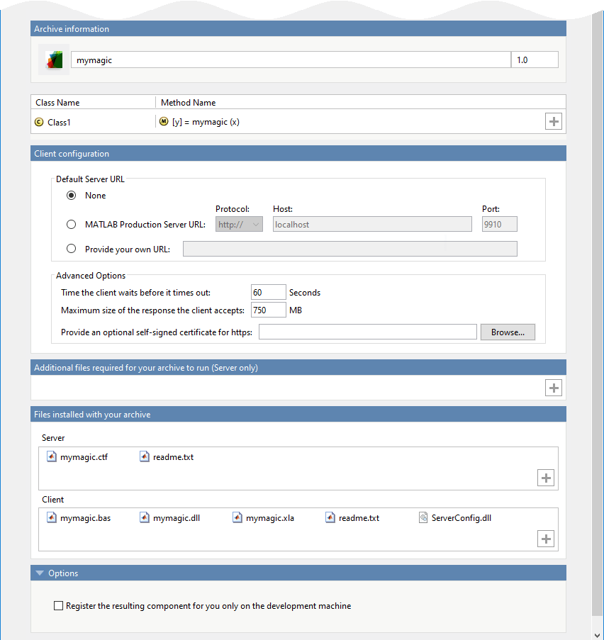 Panes of Production Server Compiler, including Archive information, Client configuration, and Files installed with your archive.