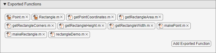 Project panel shows supporting files with the Design label and rectangleDemo.m with the Design and Exported Function labels