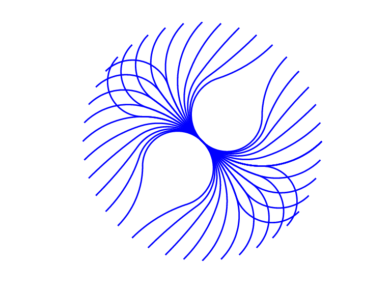 The image shows a collection of curves that overlap in the middle and fan out at the ends. The ends of the curves all lie along the same circle.