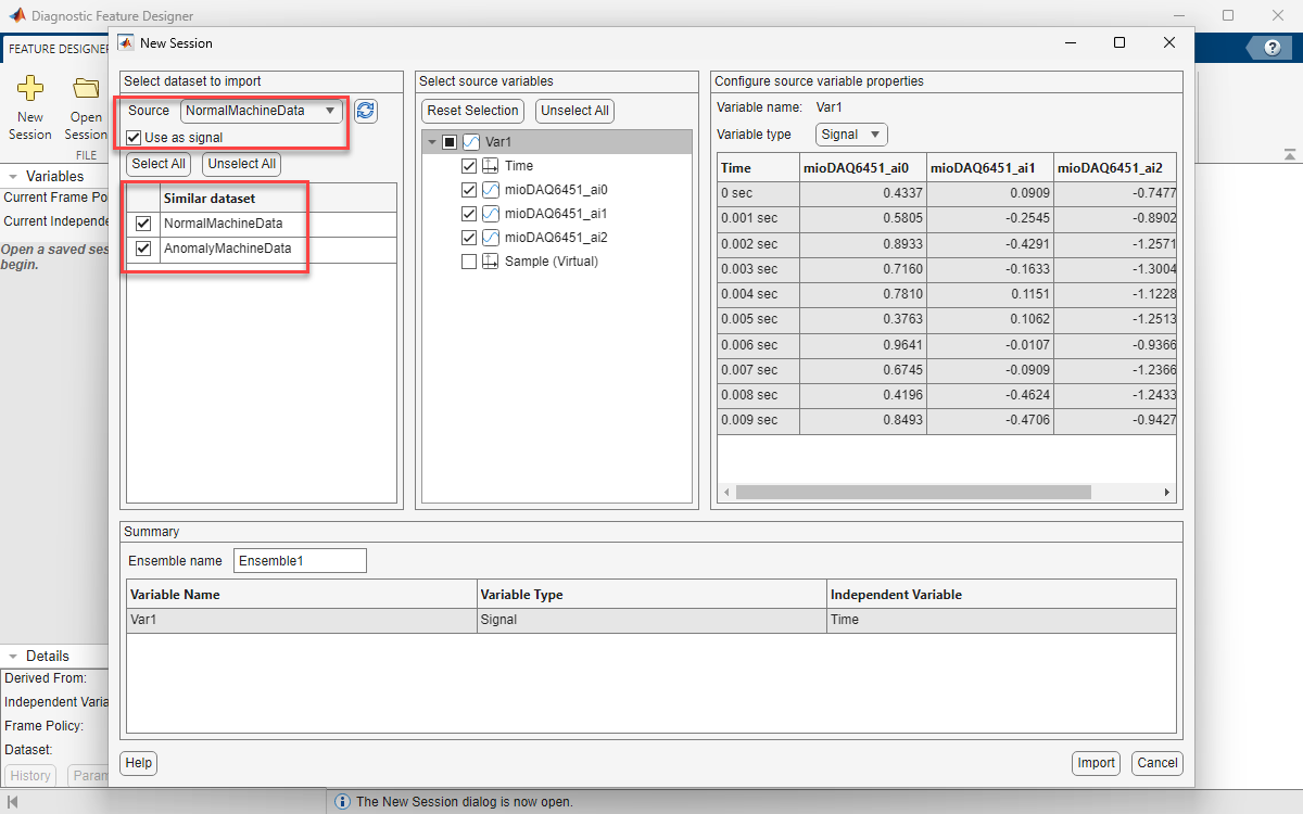 Import recorded signals into Diagnostic Feature Designer app.