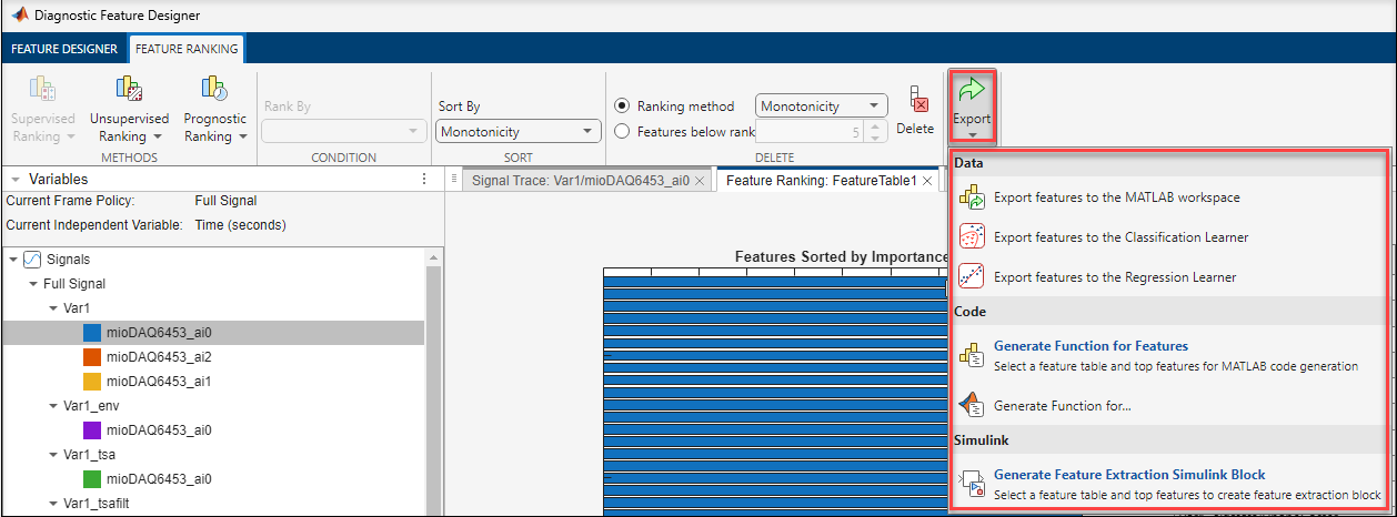 Export features from Diagnostic Feature Designer app.