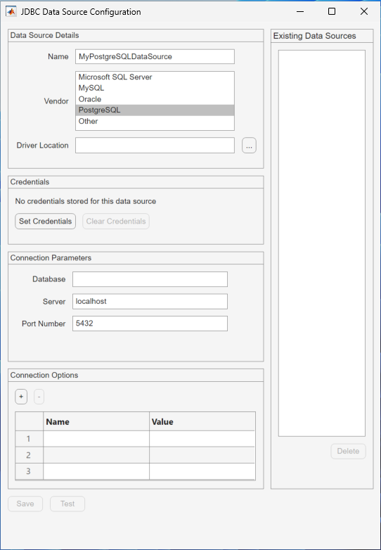 JDBC Data Source Configuration dialog box with the selected PostgreSQL vendor