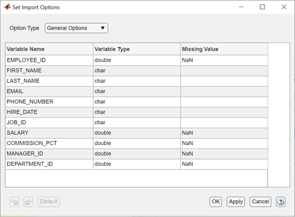 Set Import Options dialog box with General Options selected