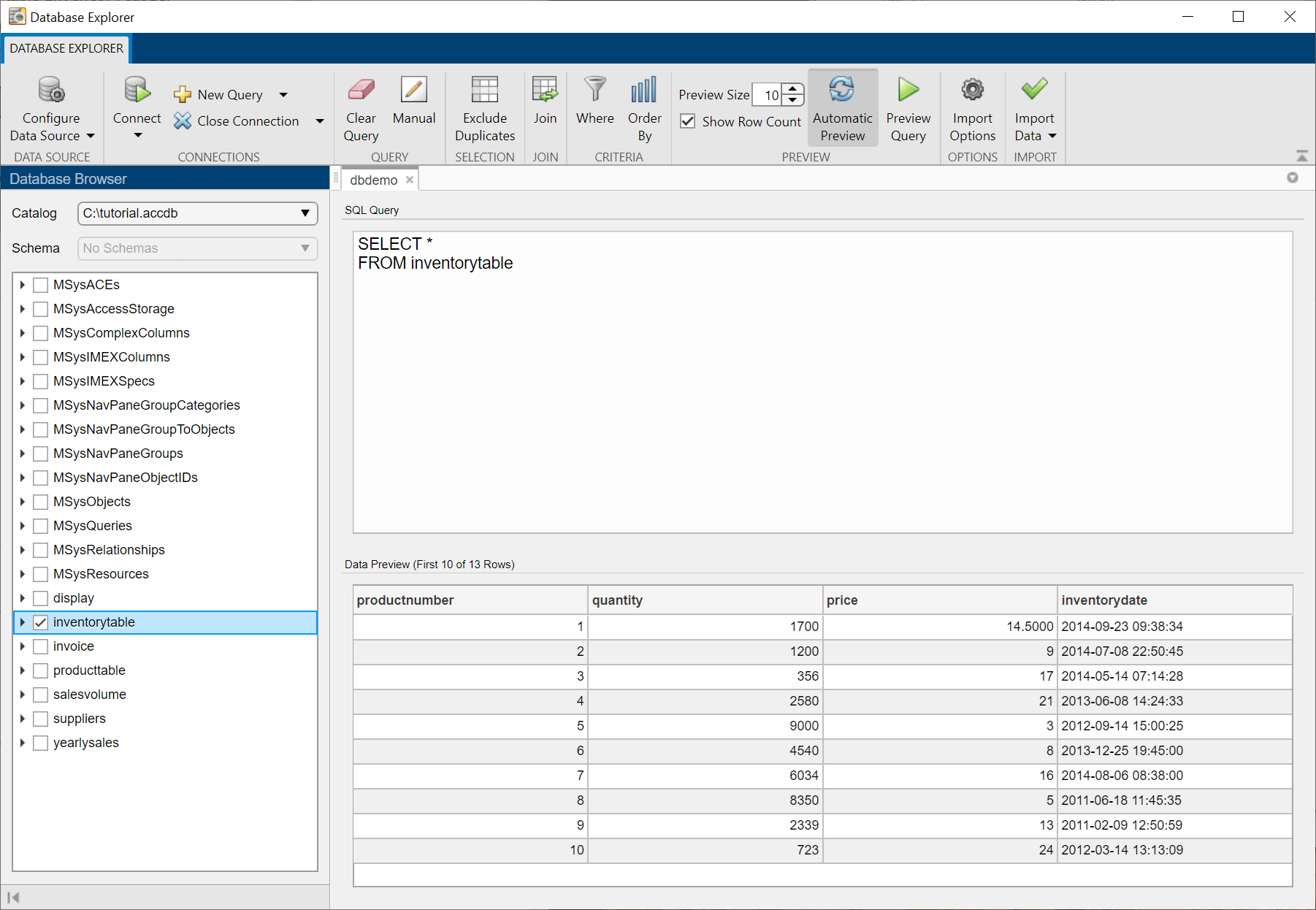 The Database Browser pane shows the selected table inventoryTable in the Database Explorer app. The SQL Query pane shows the SQL SELECT query that selects all rows from the inventoryTable and the Data Preview pane shows the first 10 rows of returned data out of 13 rows.
