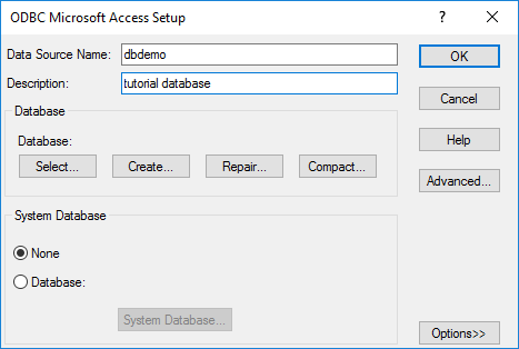 ODBC Microsoft Access Setup dialog box