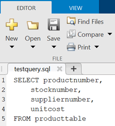 The Editor tab shows the testquery.sql file that contains the SQL SELECT query that selects the productnumber, stocknumber, suppliernumber, and unitcost columns from the producttable database table.