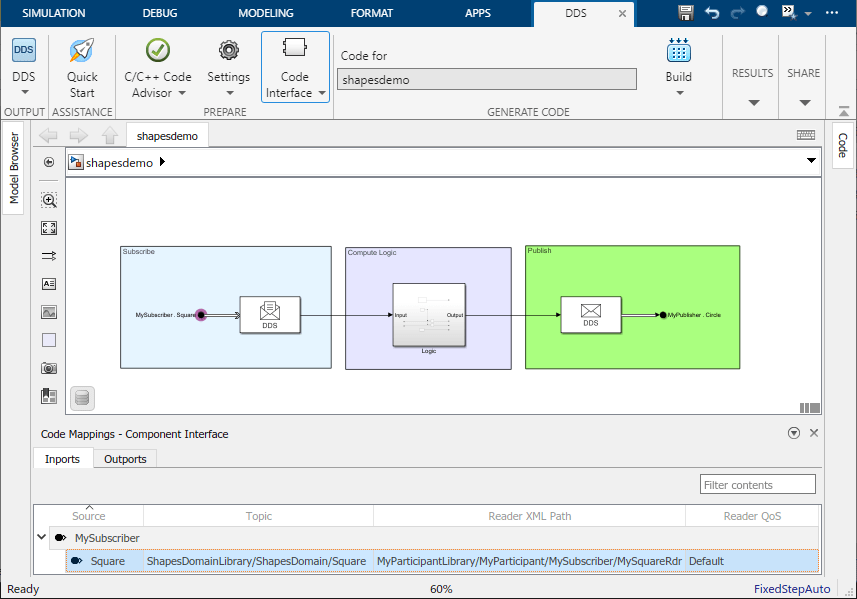 Inports tab of the Code Mappings editor open in DDS model.