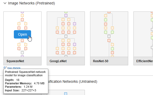 The Deep Network Designer start page, showing the mouse hovering over Squeezenet which displays proprties of the model, including its depth (18), parameter memory (4.7 MB), number of parameters (1.24 M), and input size (227-by-227-by-3).