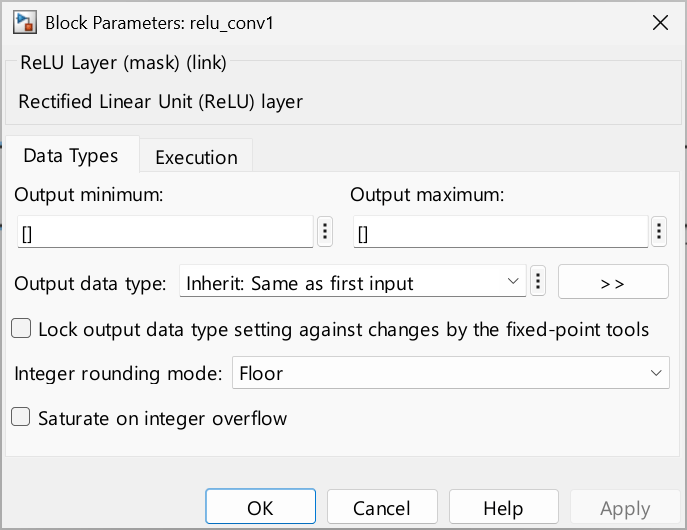 Block Parameters dialog for the ReLU block.
