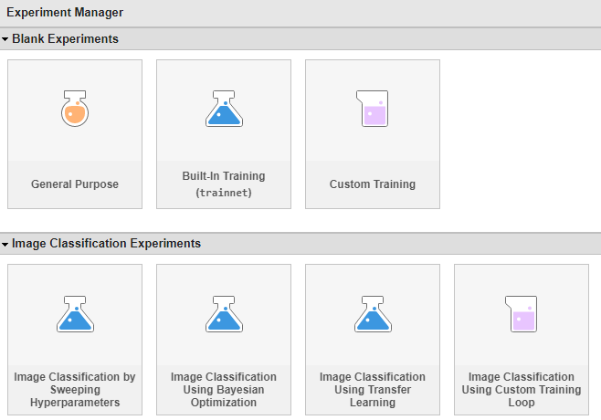 Experiment Manager dialog box with blank experiment templates and preconfigured experiment templates