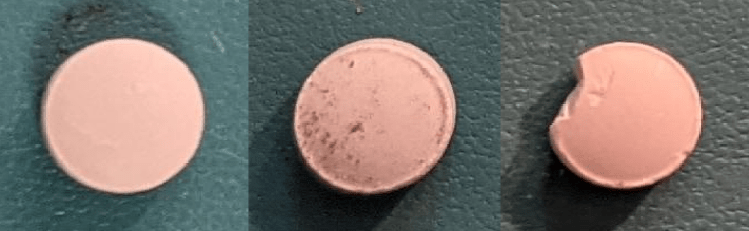 Images of a normal pill, a pill with dirt contamination, and a pill with chip defects