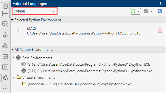 The External Languages panel in MATLAB showing Python environments. The selected Python environment and available base environments and virtual environments are listed.